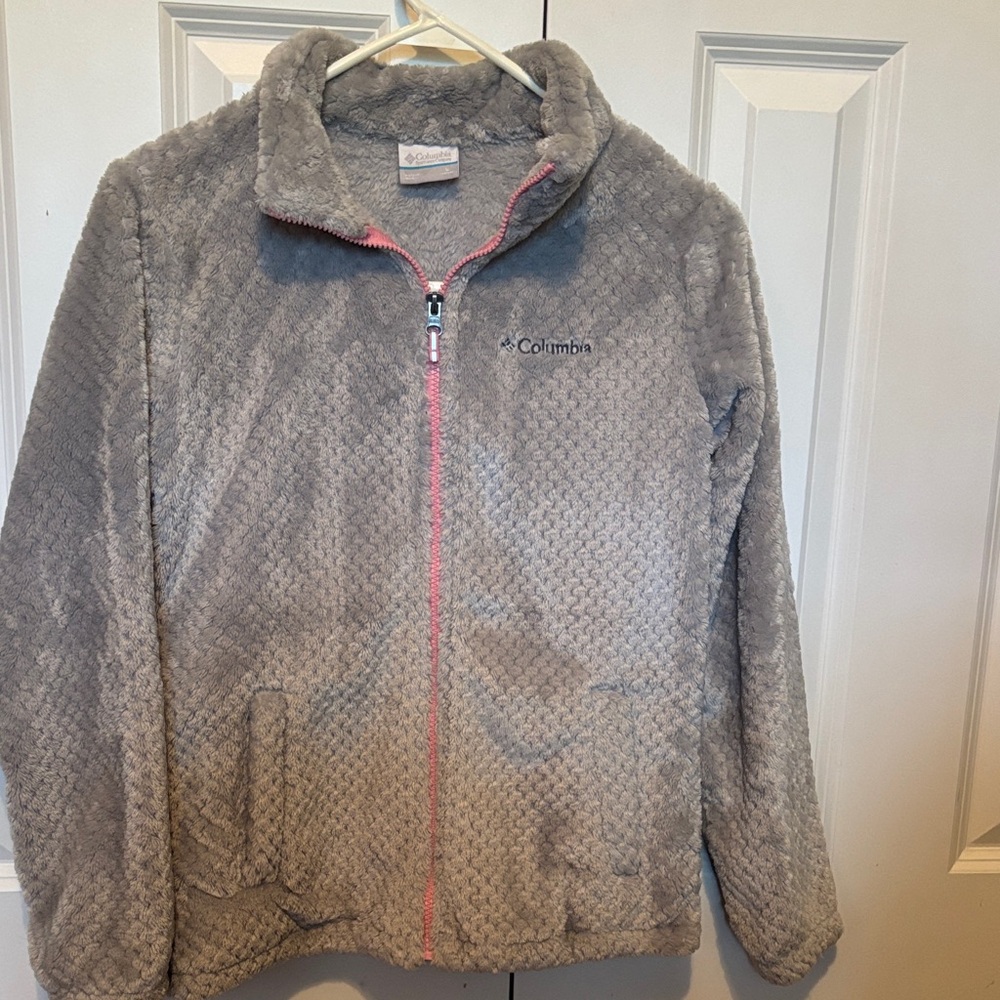Never worn! Columbia Soft Gray Jacket with Pink Zipper